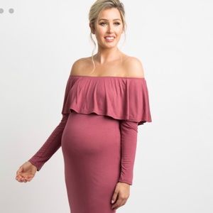 Dark Mauve Off Shoulder Ruffle Dress Gown
